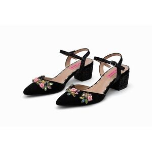 BETSEY JOHNSON Embellished Black Velvet Ankle Strap Heels – Women's 5.5M